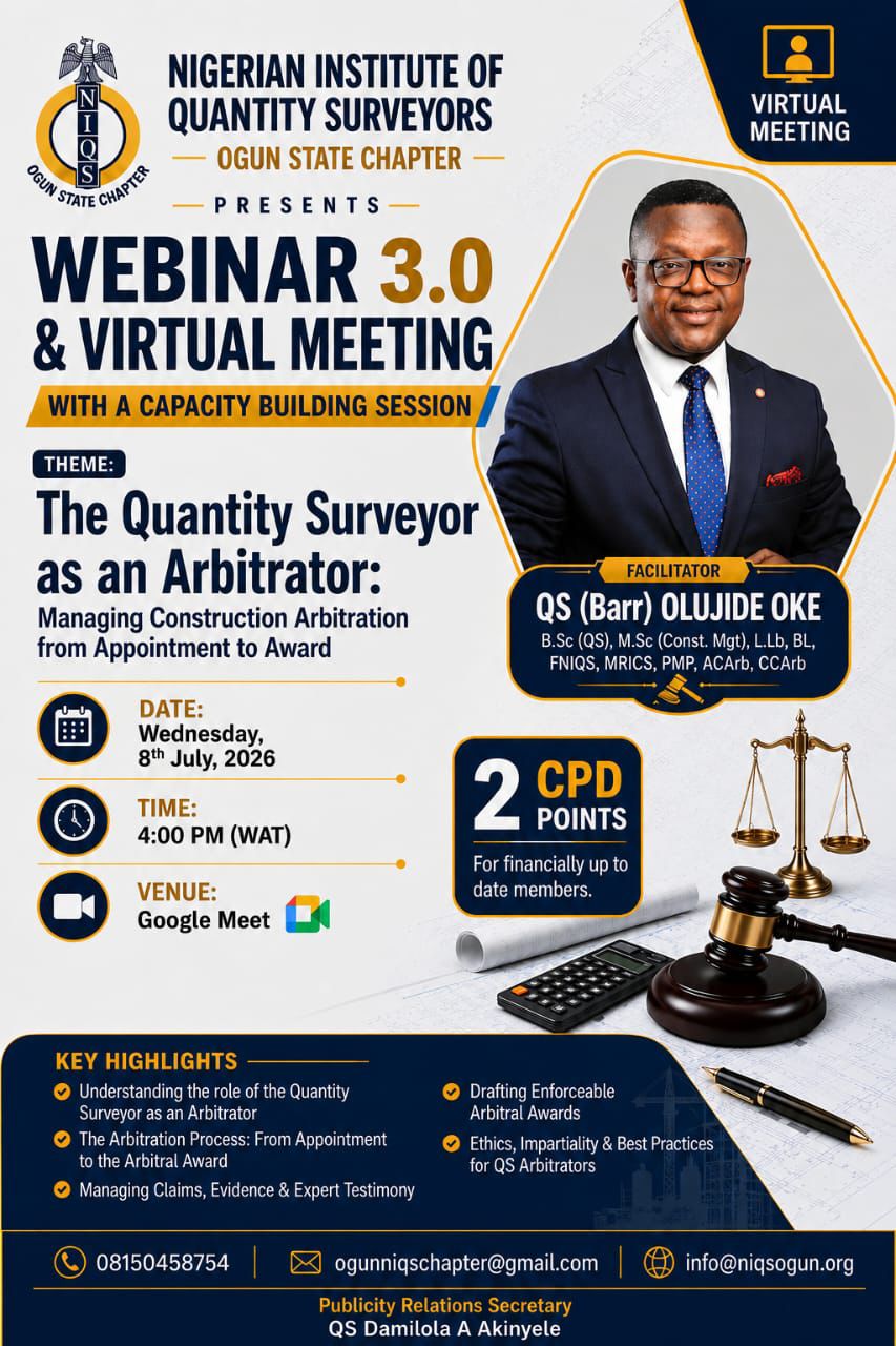 Webinar 3.0 flier — The Quantity Surveyor as an Arbitrator: Managing Construction Arbitration from Appointment to Award